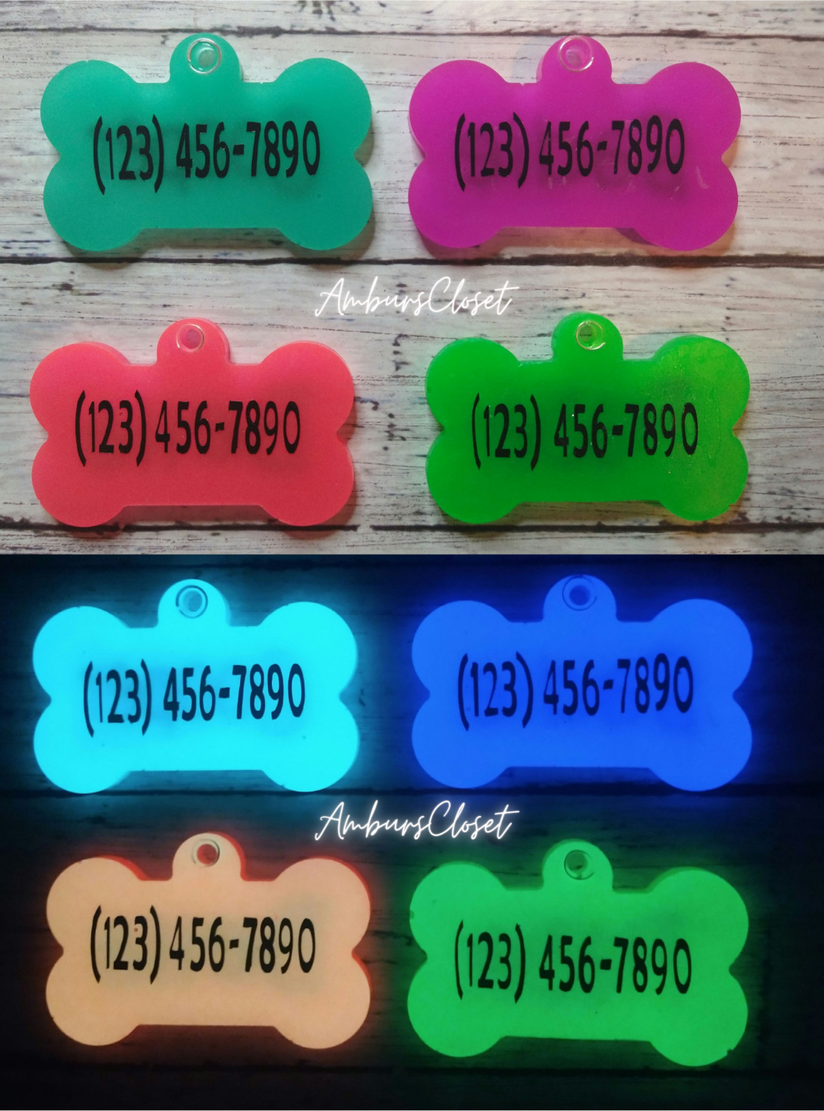 Personalized Resin Bone Dog Tag ID Customized w/ Name, Phone UV GLOW IN THE DARK