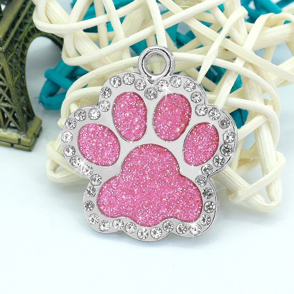 Glitter Paw Dog Tag Bling Rhinestones Personalized Custom Name ID Engraved Cat