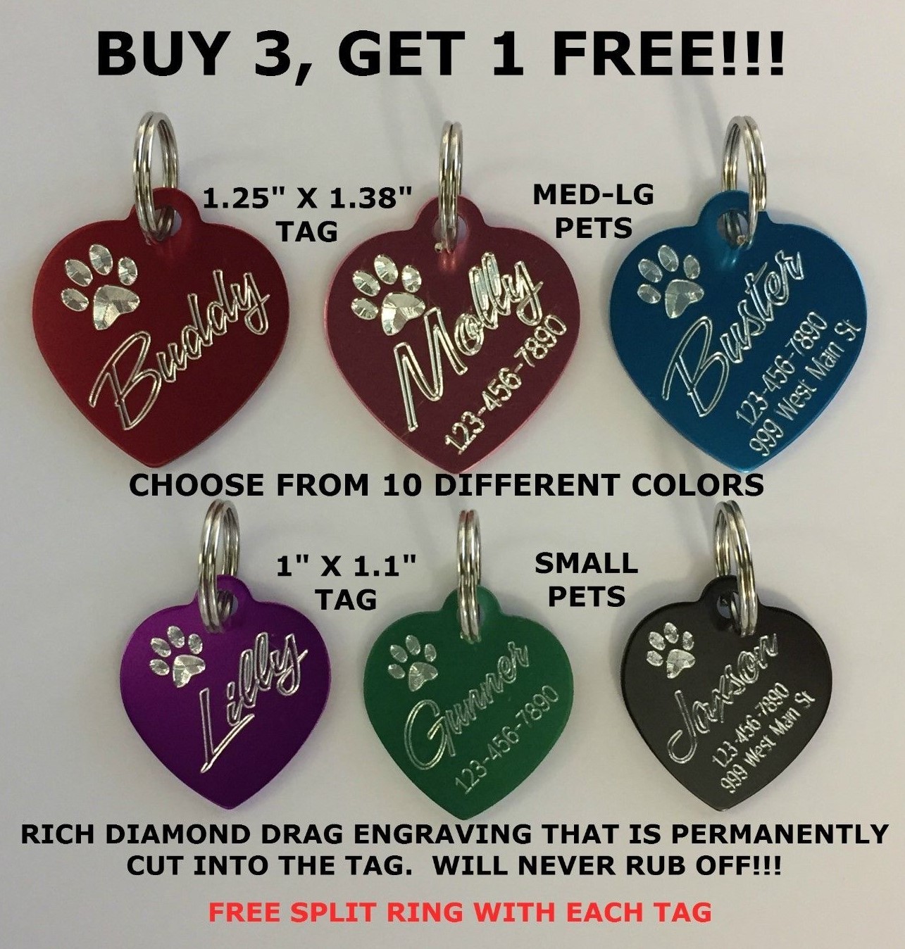 Custom Engraved Heart Paw Print Pet Tag Dog Cat ID Name Animal – 10 COLORS