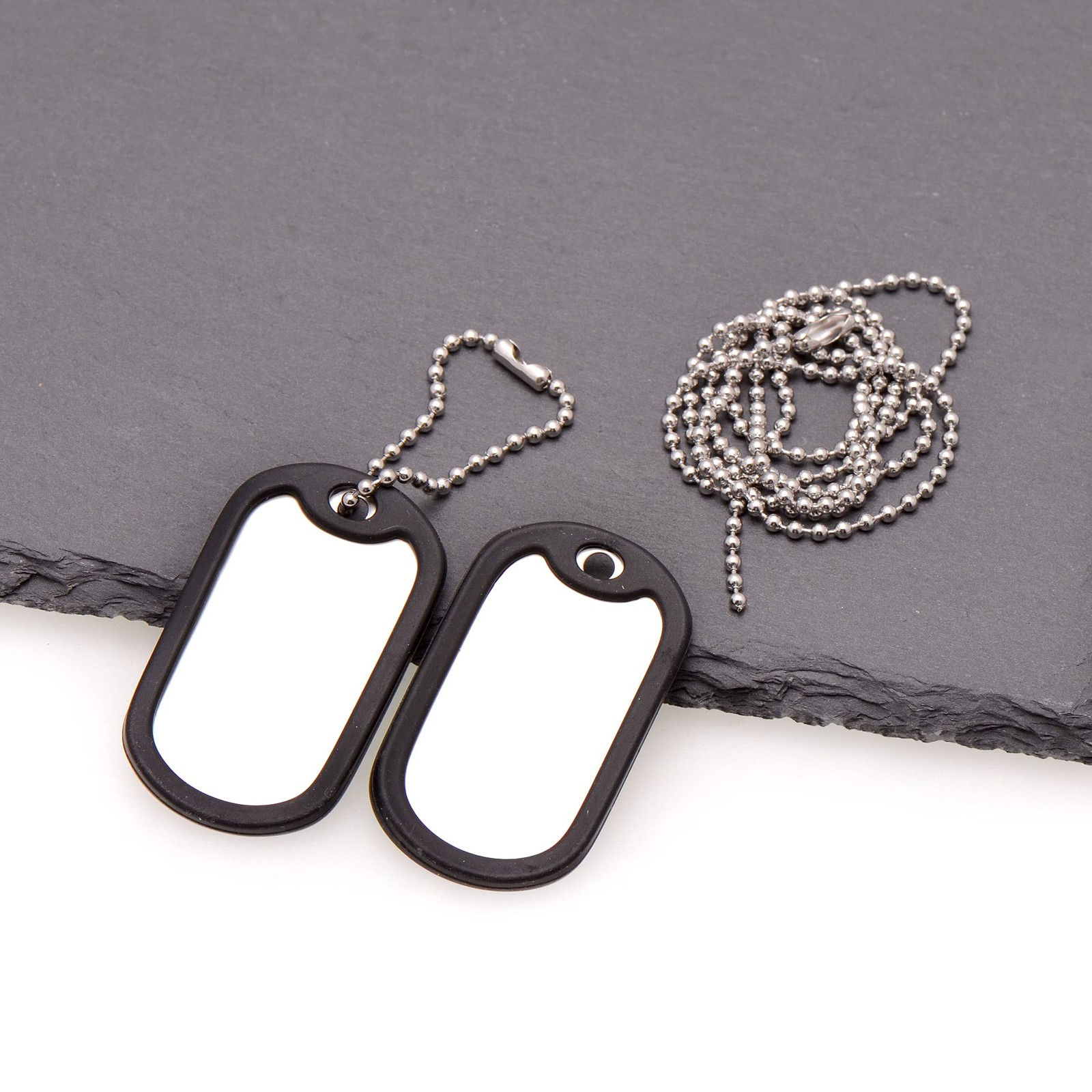 Stainless Steel Dog Tags Military Set Complete with Chains & Black Silencers