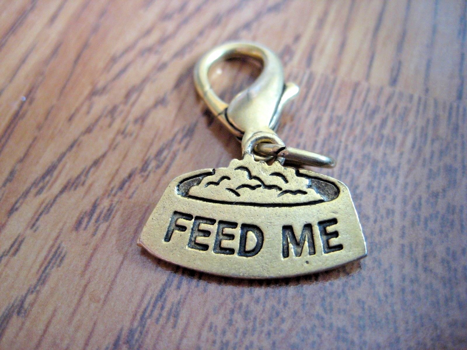 Gold Feed Me Food Bowl Shaped Dog Tag Charm Zipper Pull NEW