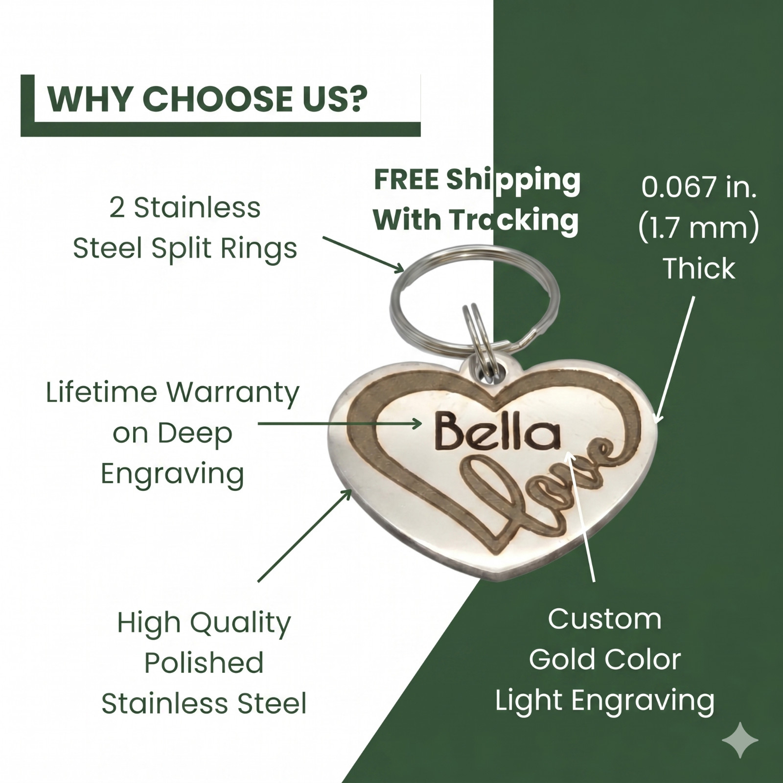 Deep Engraved Heart Honey Pet ID Stainless Steel Dog Tag Lifetime Warranty *