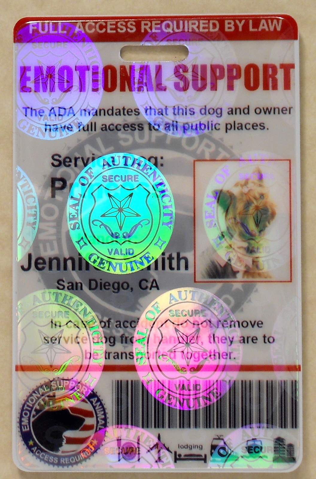 HOLOGRAPHIC EMOTIONAL SUPPORT DOG ID CARD FOR SERVICE DOG ADA RATED VERTICAL 0ES