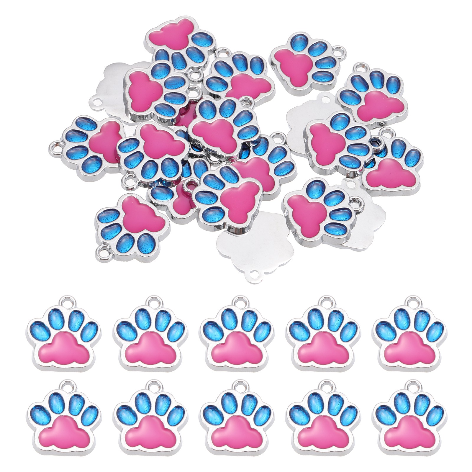 Enamel Paw Print Charm, 20Pcs Alloy Enamel Pendants, Blue/Rose Red