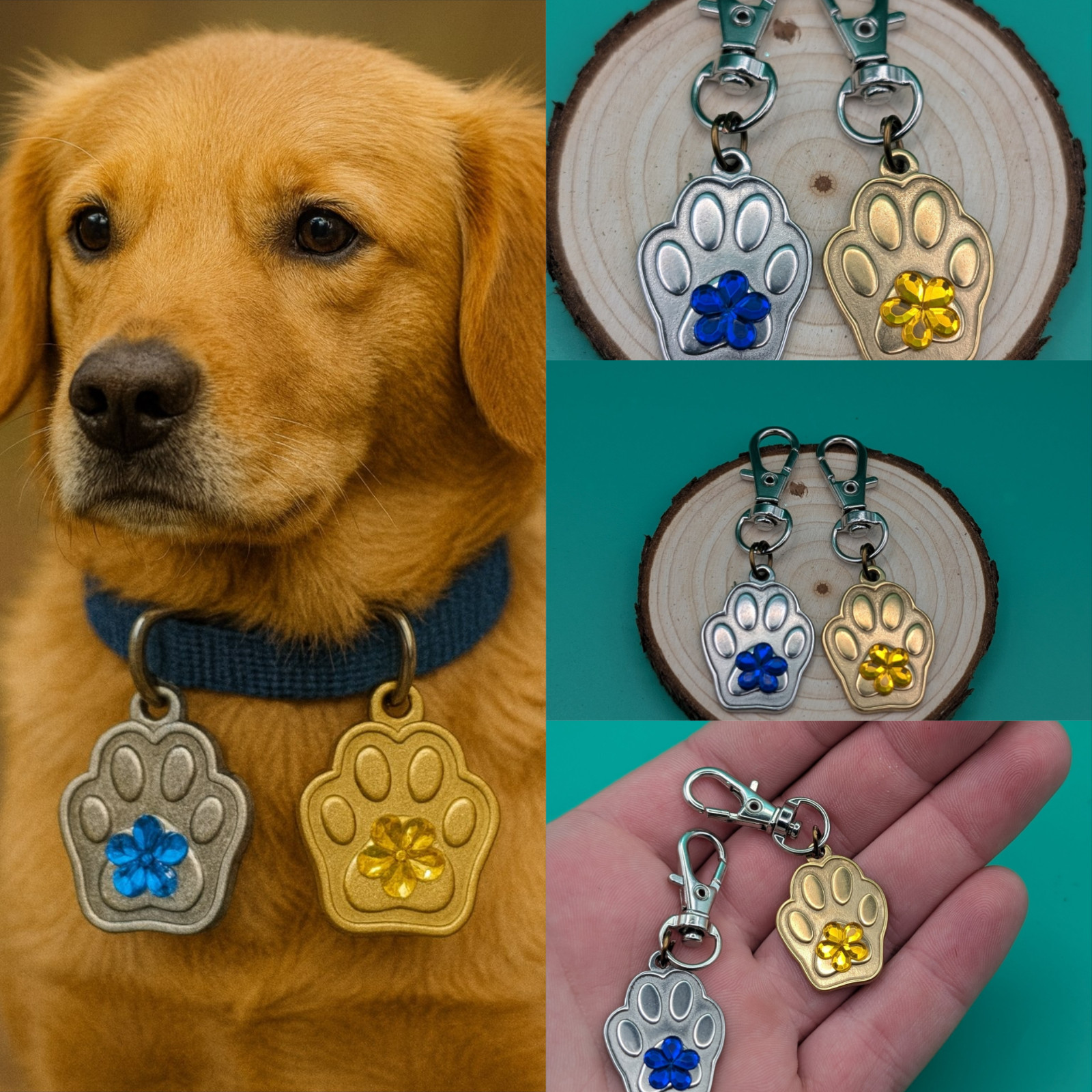 Gold Dog Paw Charm for Collar or Keychain, Custom Dog Tag with Acrylic