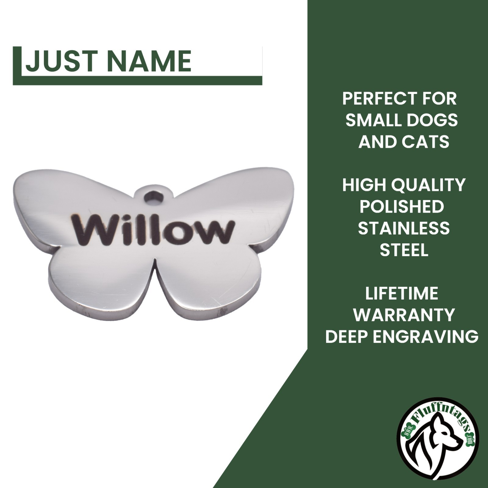 Custom Deep Engraved Butterfly Pet ID Stainless Steel for Small Dog & Cat ID Tag