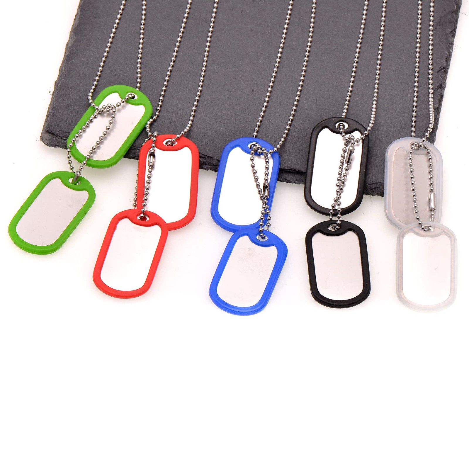 Stainless Steel Dog Tags Military Set Complete with Chains & Black Silencers