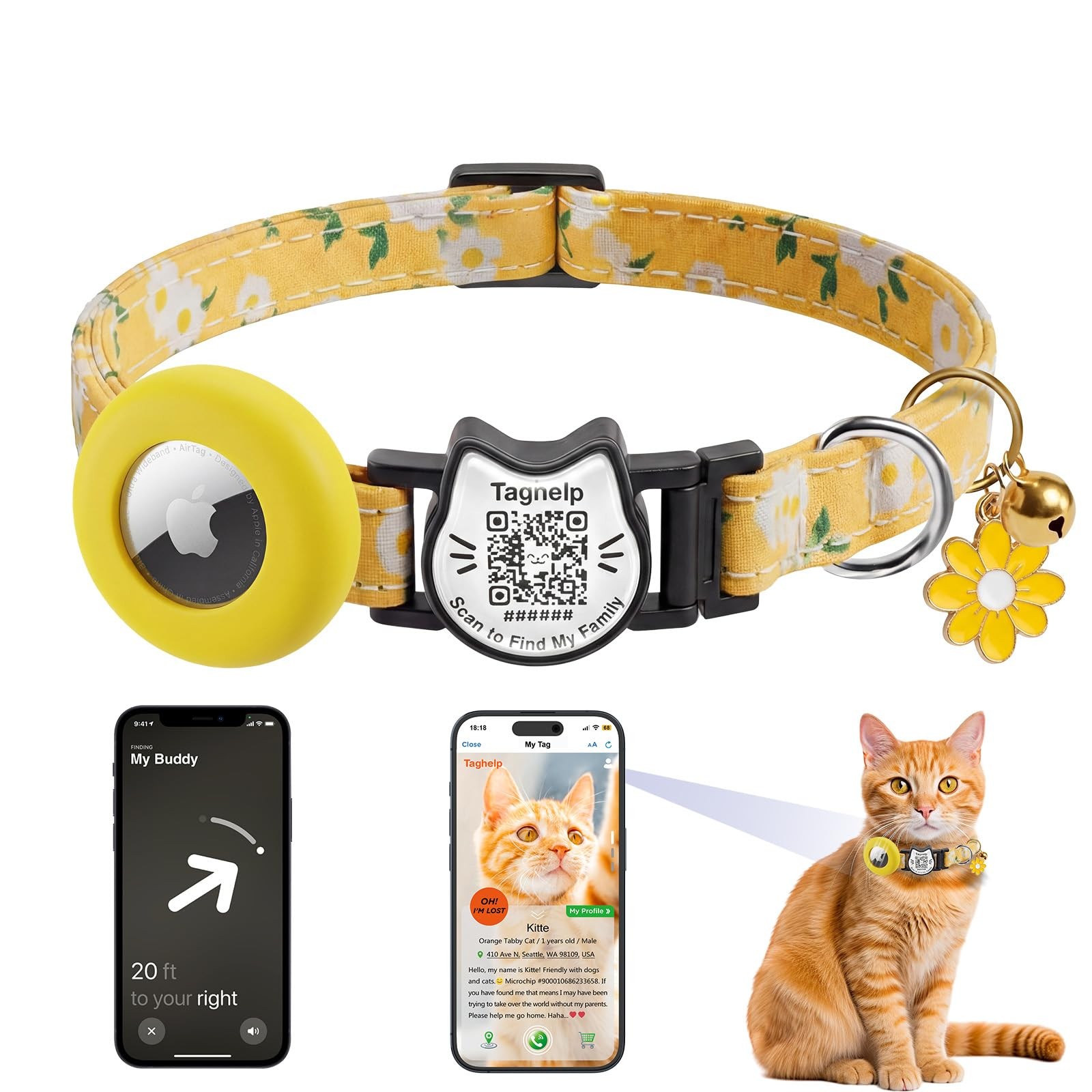 Breakaway Cat Collar with QR Code ID & AirTag Holder, Adjustable Cotton Kitte…