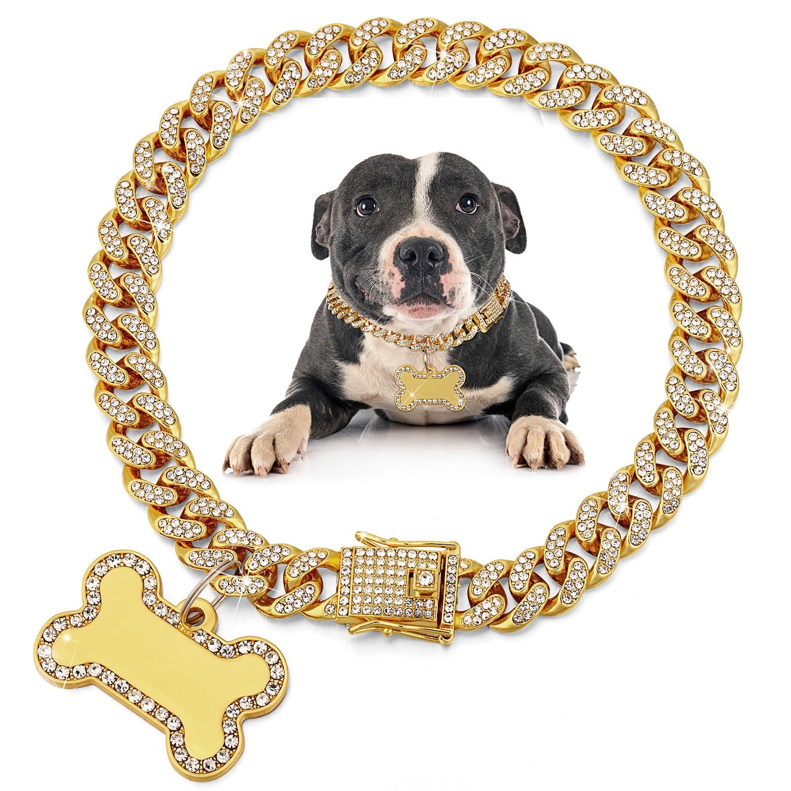 Hillban Golden Dog Chain Diamond Collar Necklace with Pet ID Jewelry Tags Rhi…