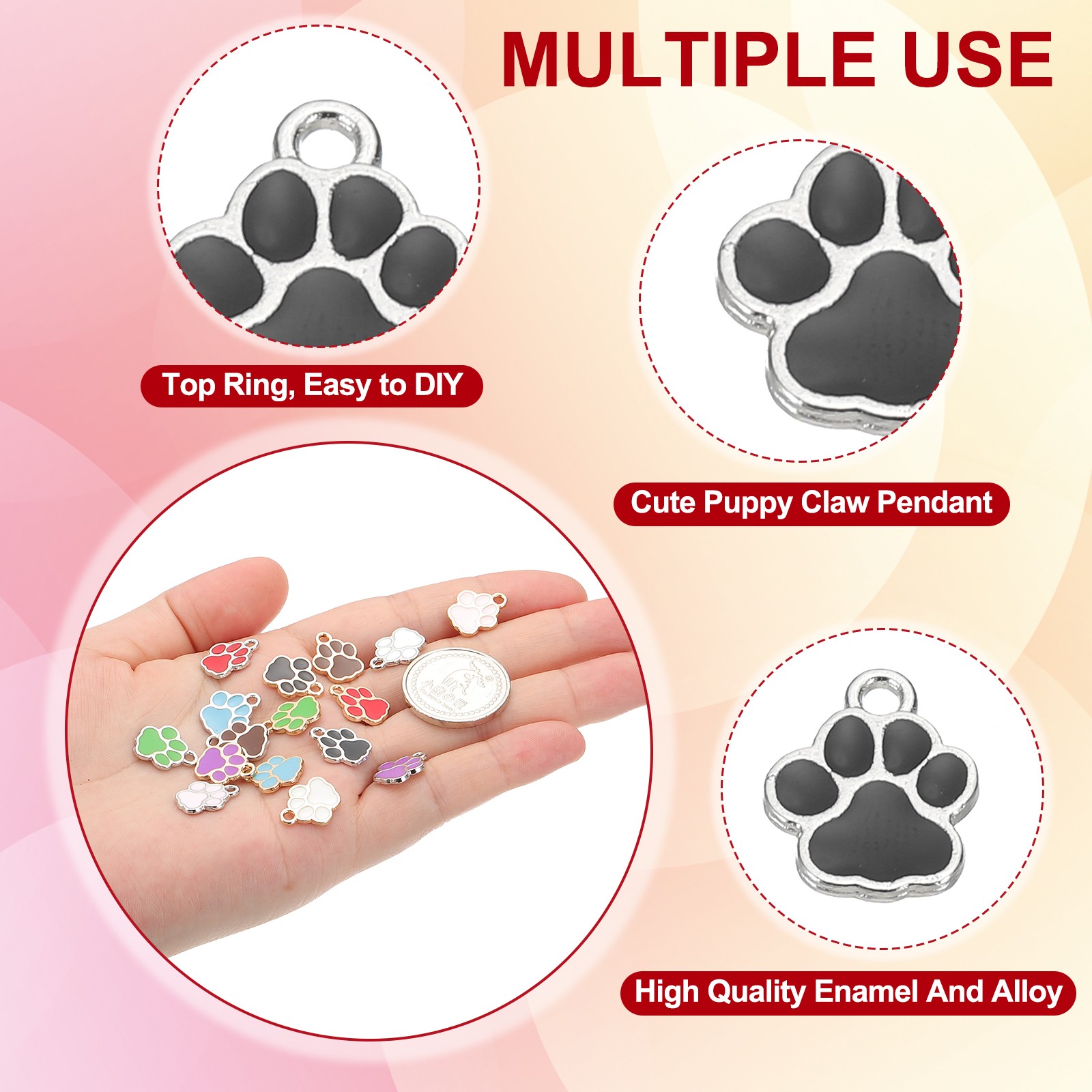 100 Pcs Black/Silver Enamel Paw Print Charm Alloy Enamel Pendants