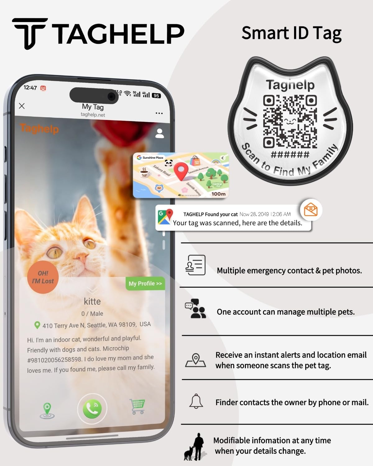 Breakaway Cat Collar with QR Code ID & AirTag Holder, Adjustable Cotton Kitte…