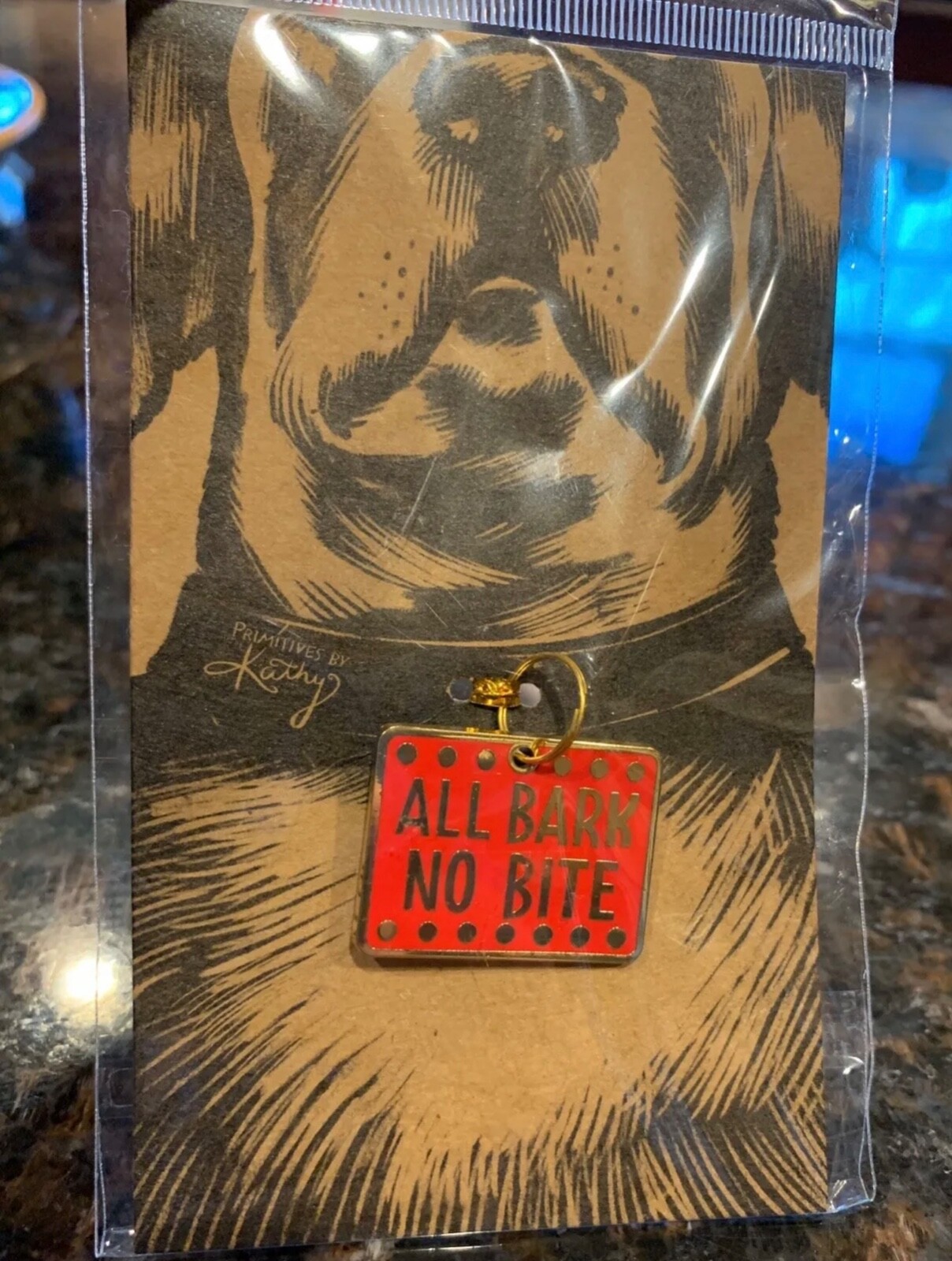 New Primatives by Kathy ALL BARK NO BITE Red Metal Enamel Collar Charm Dog Puppy