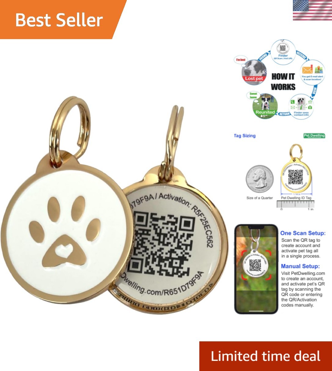Gold and White QR Pet Tag – Instant Location Alerts for Dogs & Cats, 1.14″