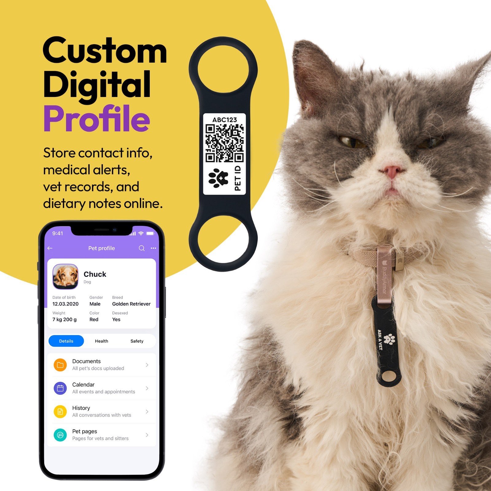 Ask A Vet Pet Slide on ID Tag QR NFC Waterproof Silicone Dog Cat