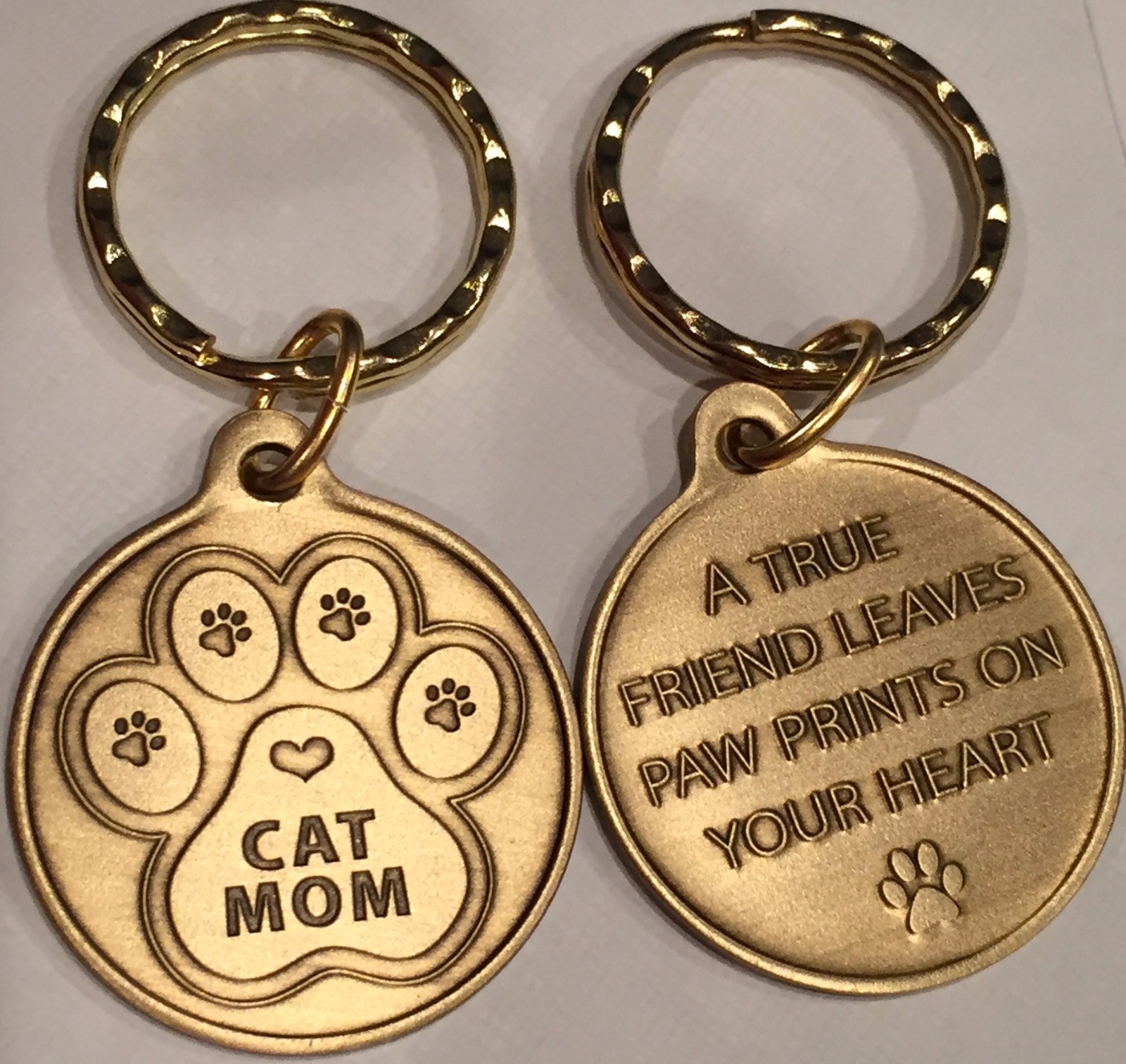 Cat Mom Paw Print Heart – A True Friend Cat Pet Key Chain Tag Keychain Bronze