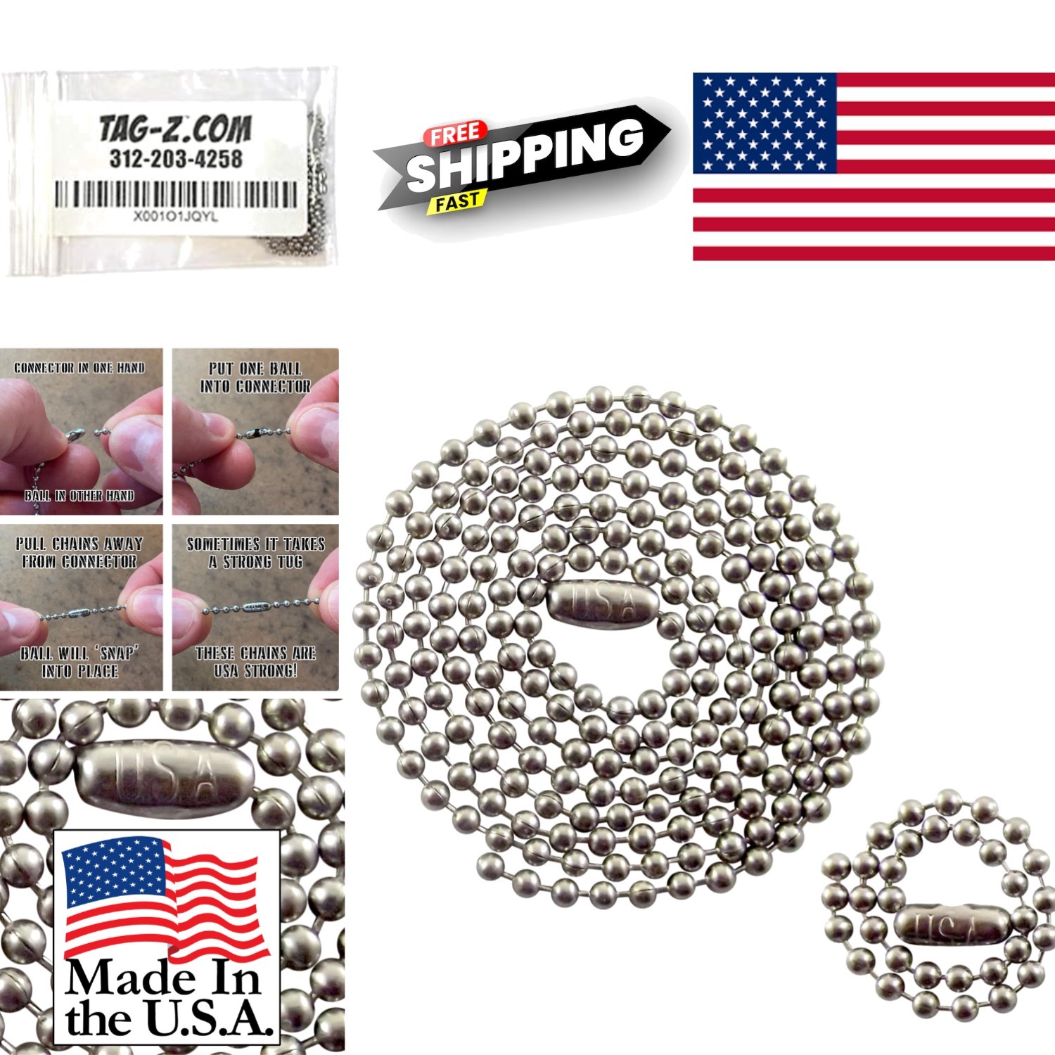 Stainless Steel Dog Tag Chain Set with 27 Inch and 4.5 Inch Ball Chains