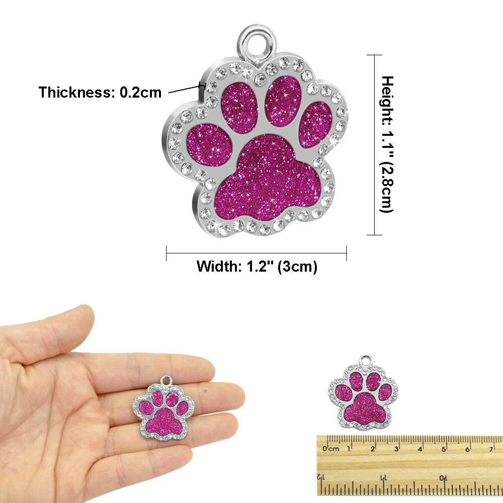 Personalized Dog ID Tag Paw Glitter Engraved Custom Rhinestone for Pet Puppy Cat