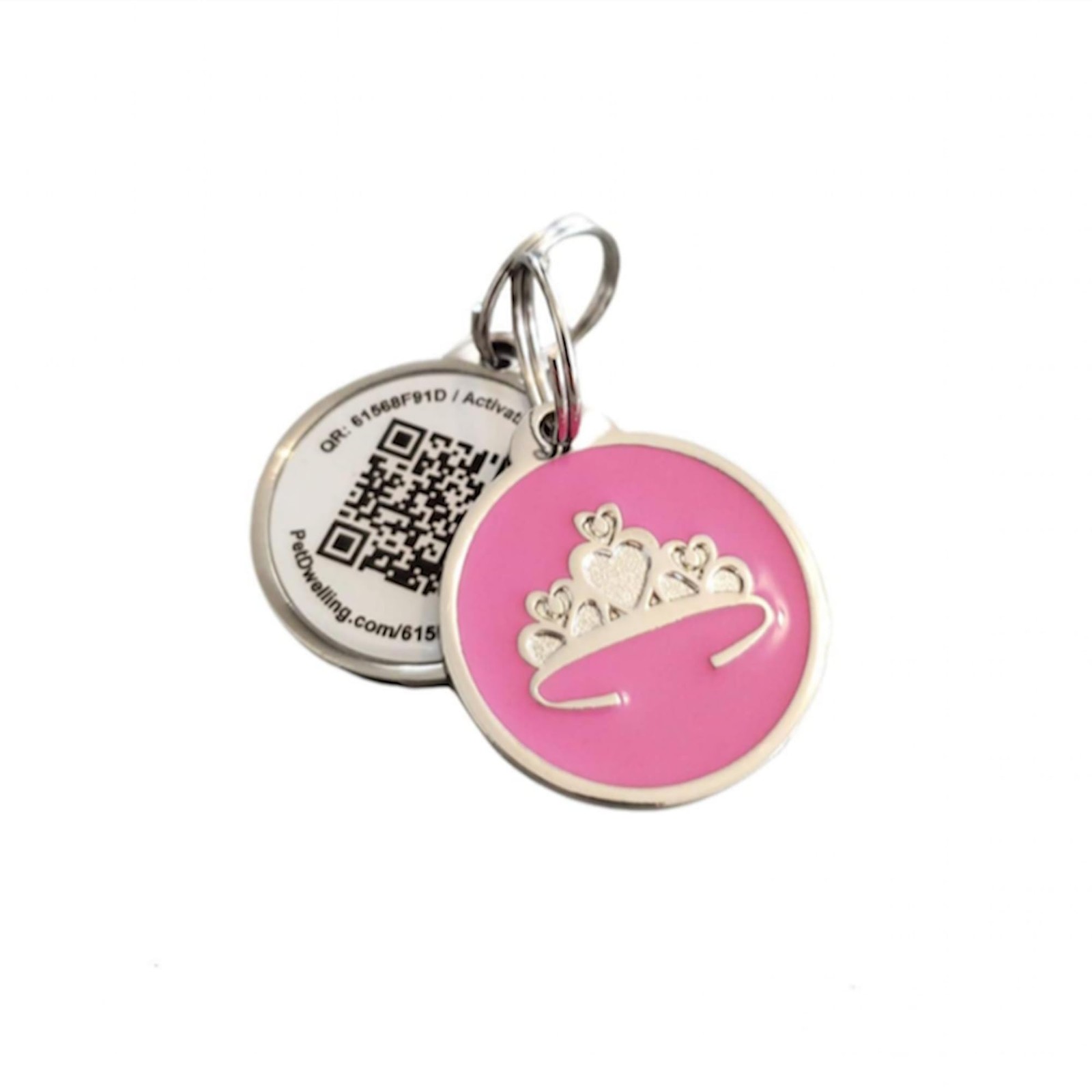 Pink Tiara Pet ID Tag with QR Fast Scan Durable Waterproof Lifetime Guarantee