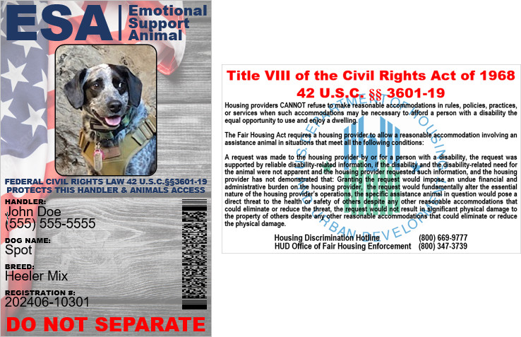 EMOTIONAL SUPPORT ANIMAL ID CARD ESA 2 SIDED PHYSICAL & DIGITAL FL
