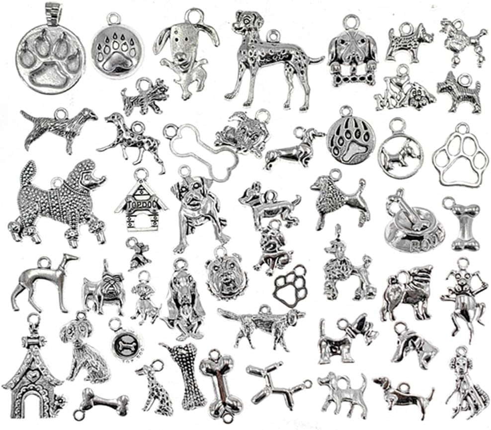 ALIMITOPIA 50Pcs Dog Charm,Assorted Dog Bone Paw Print Footprint Pet Charm Penda