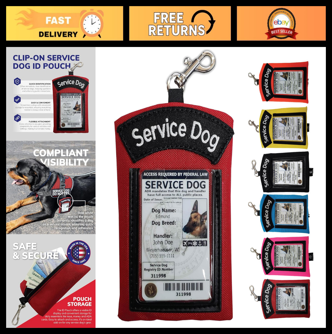 Service Dog ID Card Pouch – Clip-On Badge Holder with Zipper Pocket, Red 5″x4