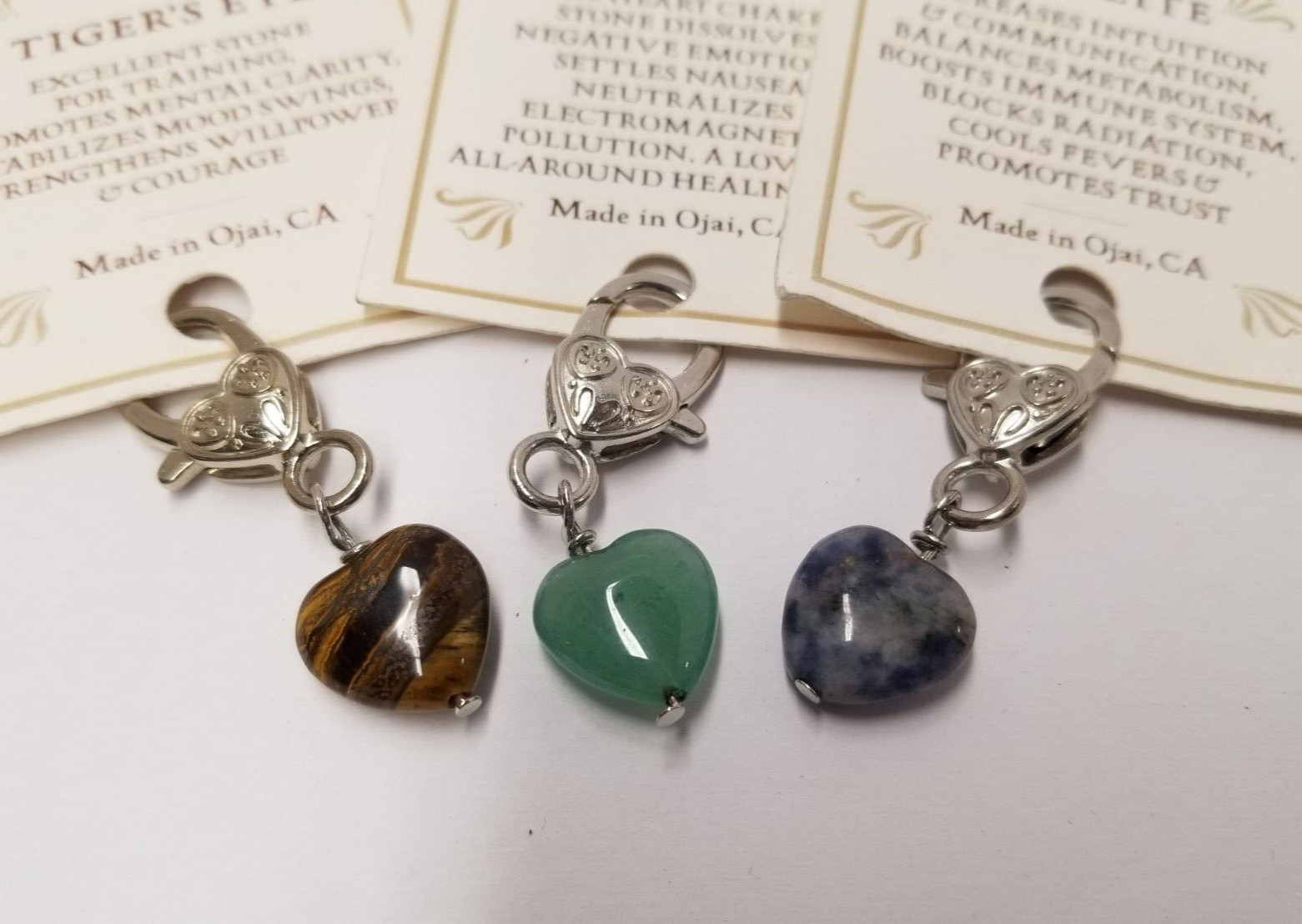 Tiger’s Eye, Green Aventurine, & Sodalite Crystal Heart Pet Collar Charms (3)