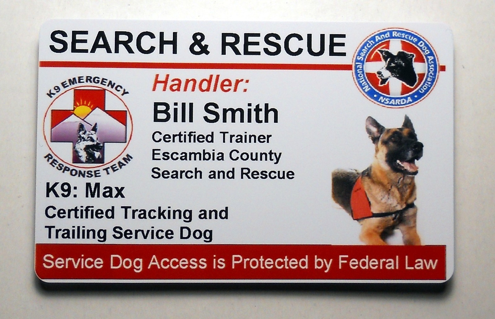 SEARCH AND RESCUE SERVICE DOG ID BADGE CUSTOM CARD WORKING DOG 25