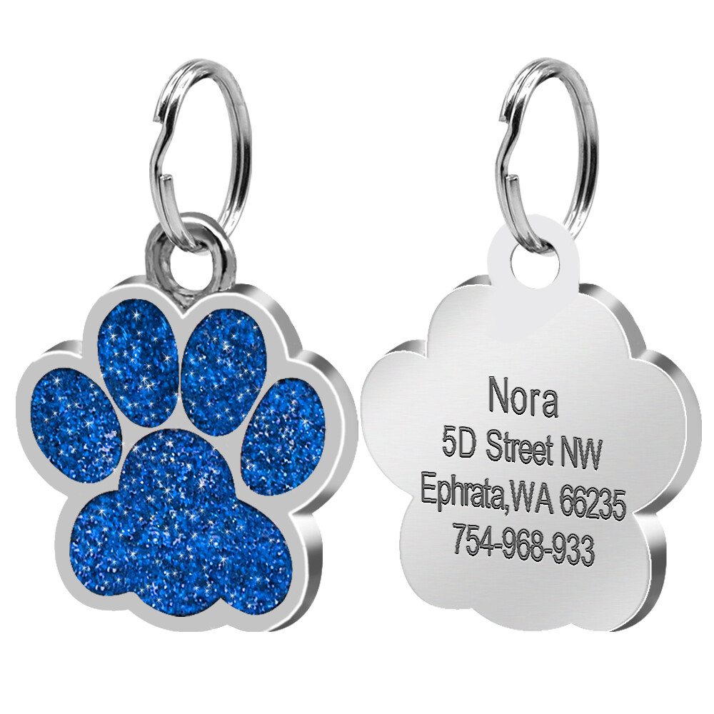 Dog Cat Pet Tag ID Collar Tags Personalized Engraved 24mm Glitter Paw Print Tag