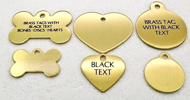Pet Tags ~ Brass Bones, Discs & Hearts Pet Tags with Black Text pet id