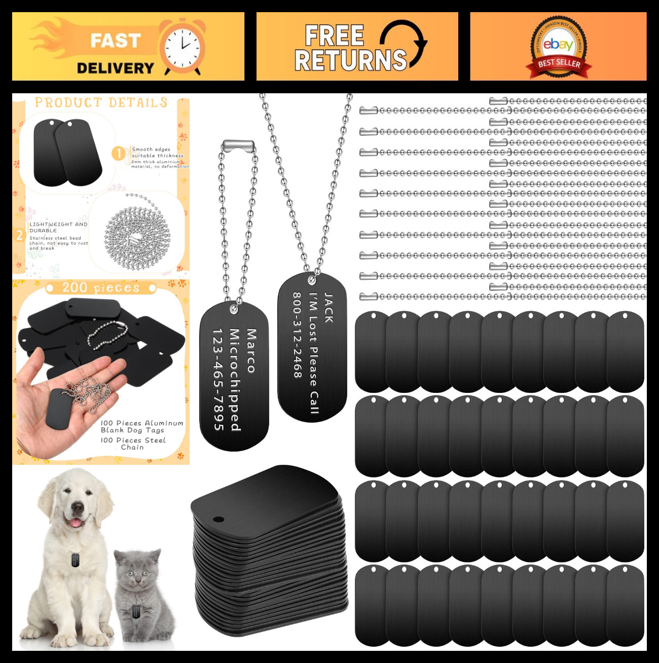 200 Personalized Military Dog Tags Set – 100 Blank Aluminum Tags & 100 Steel Cha