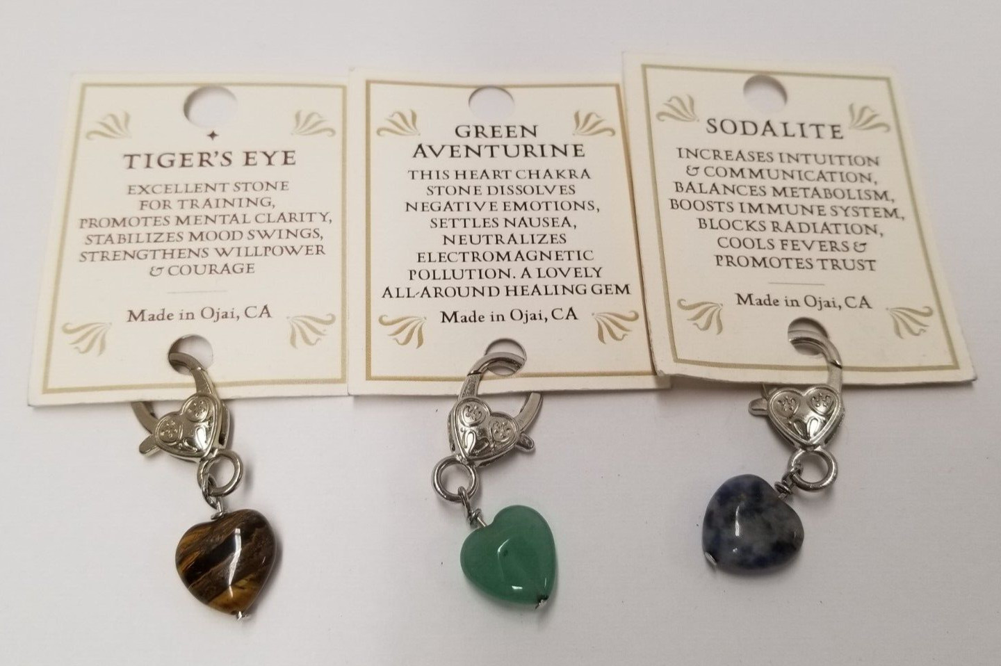 Tiger’s Eye, Green Aventurine, & Sodalite Crystal Heart Pet Collar Charms (3)