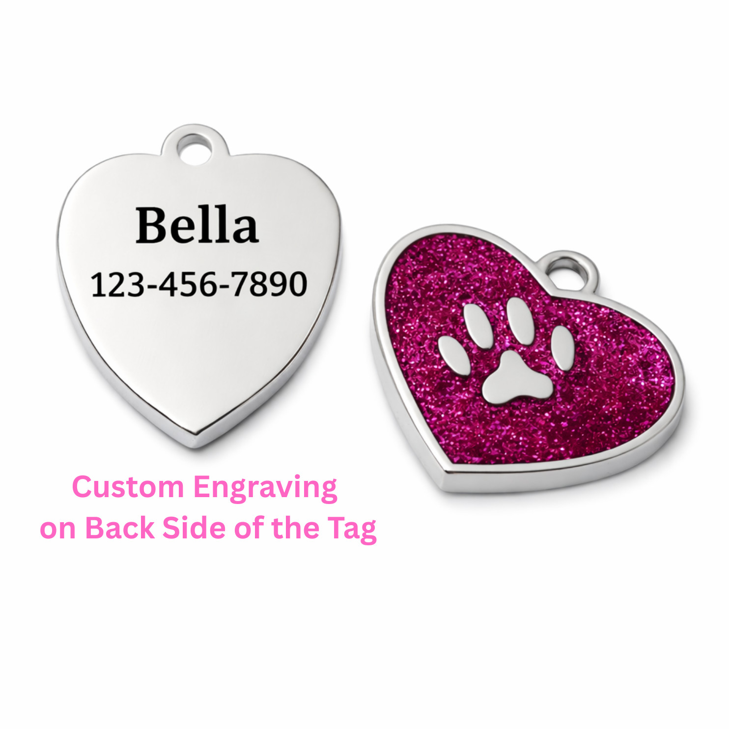 PET ID TAG CUSTOM ENGRAVED PERSONALIZED DOG CAT NAME TAGS HEART Glitter Dog Tags