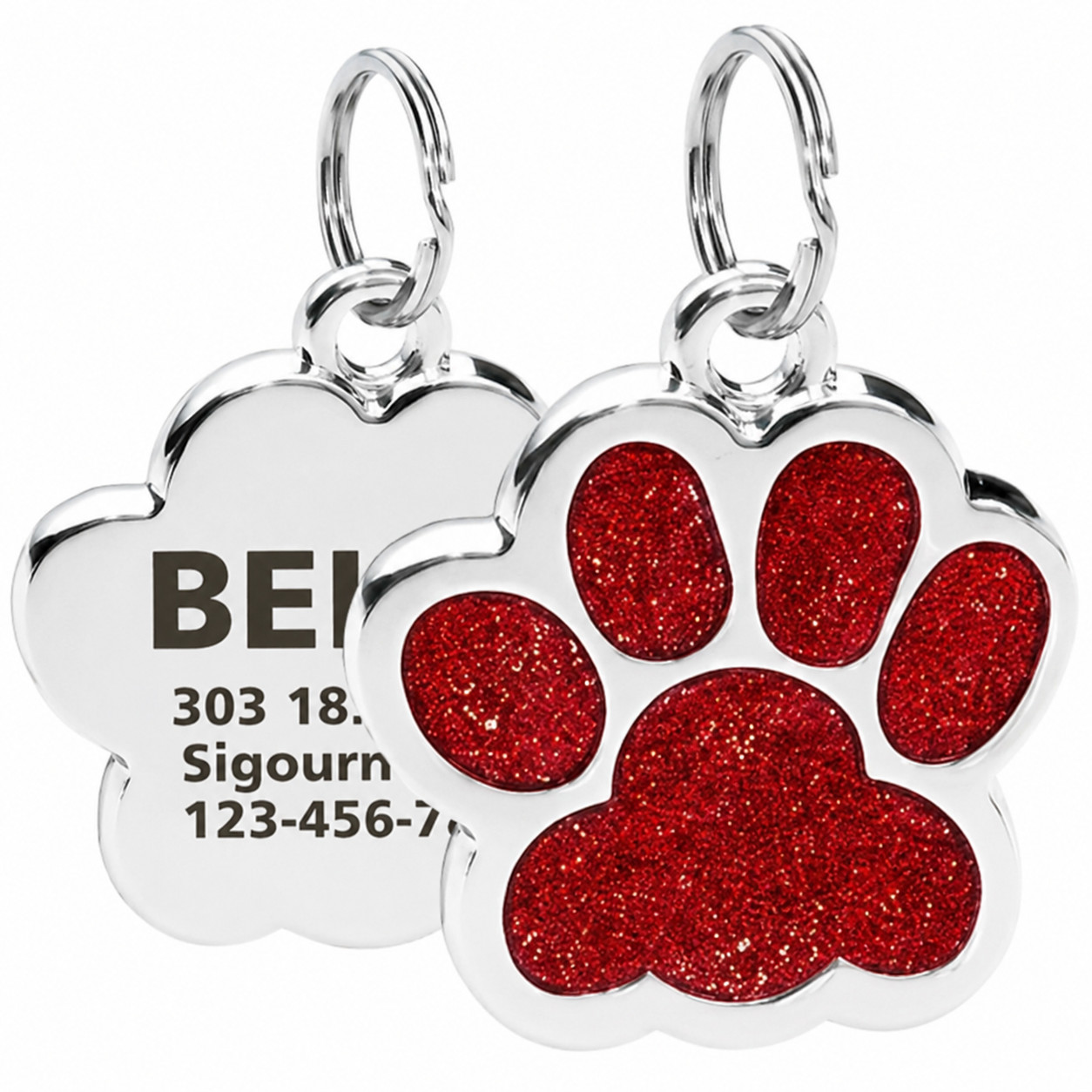 Personalized Pet ID Tag Custom Engraved Dog Cat Name Tag Glitter Paw Charm
