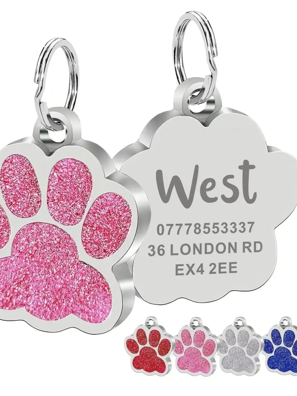 Custom Engraved Pet ID Tag Dog Cat Name Tag Glitter Paw Charm Waterproof