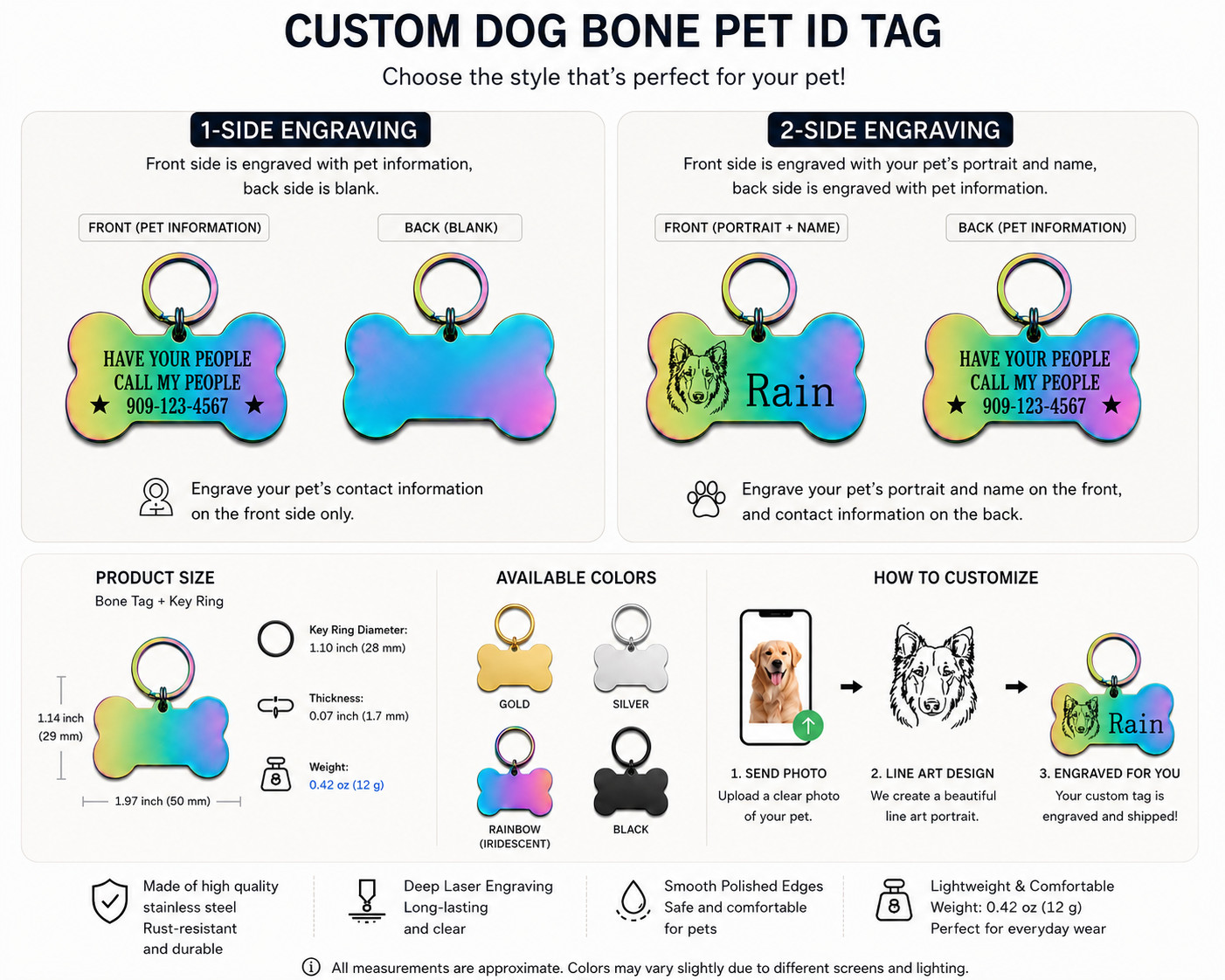 Custom Dog Bone Pet ID Tag Personalized Photo Engraved Name Stainless Steel