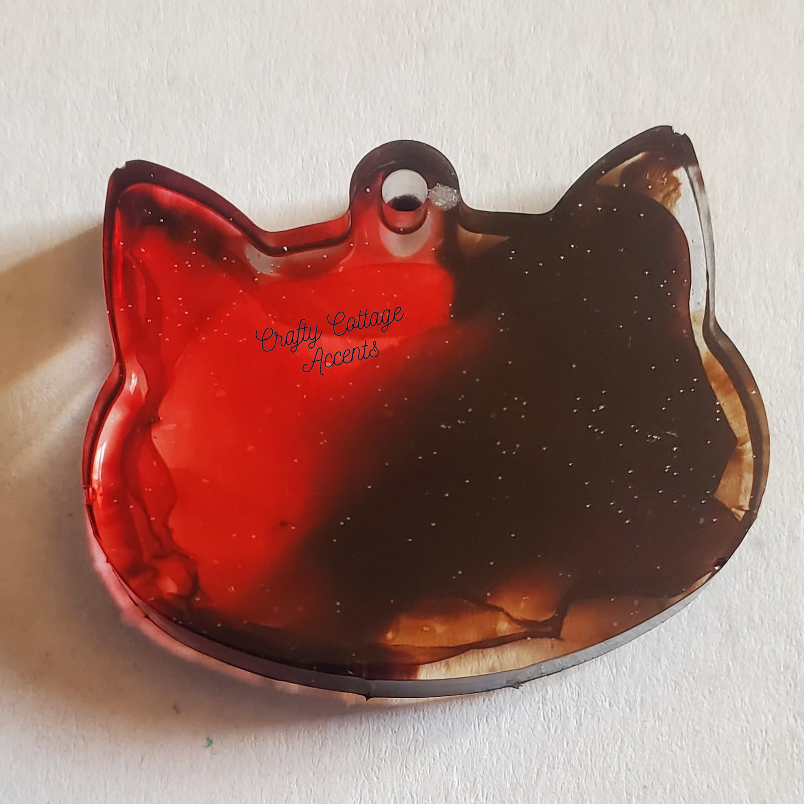 Resin Cat Pet Tag – Red & Brown Handmade Collar Charm Accessory for Cats & Pets