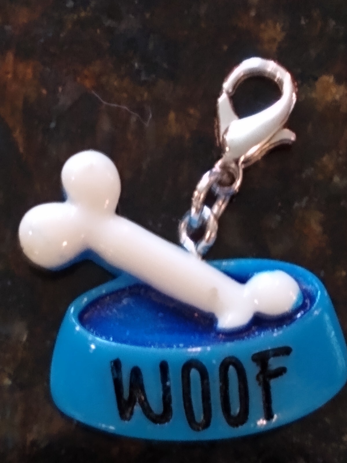 CUTE DOG COLLAR CHARM WITH LOBSTER CLASP~ACRYLIC BONE IN WOOF BOWL