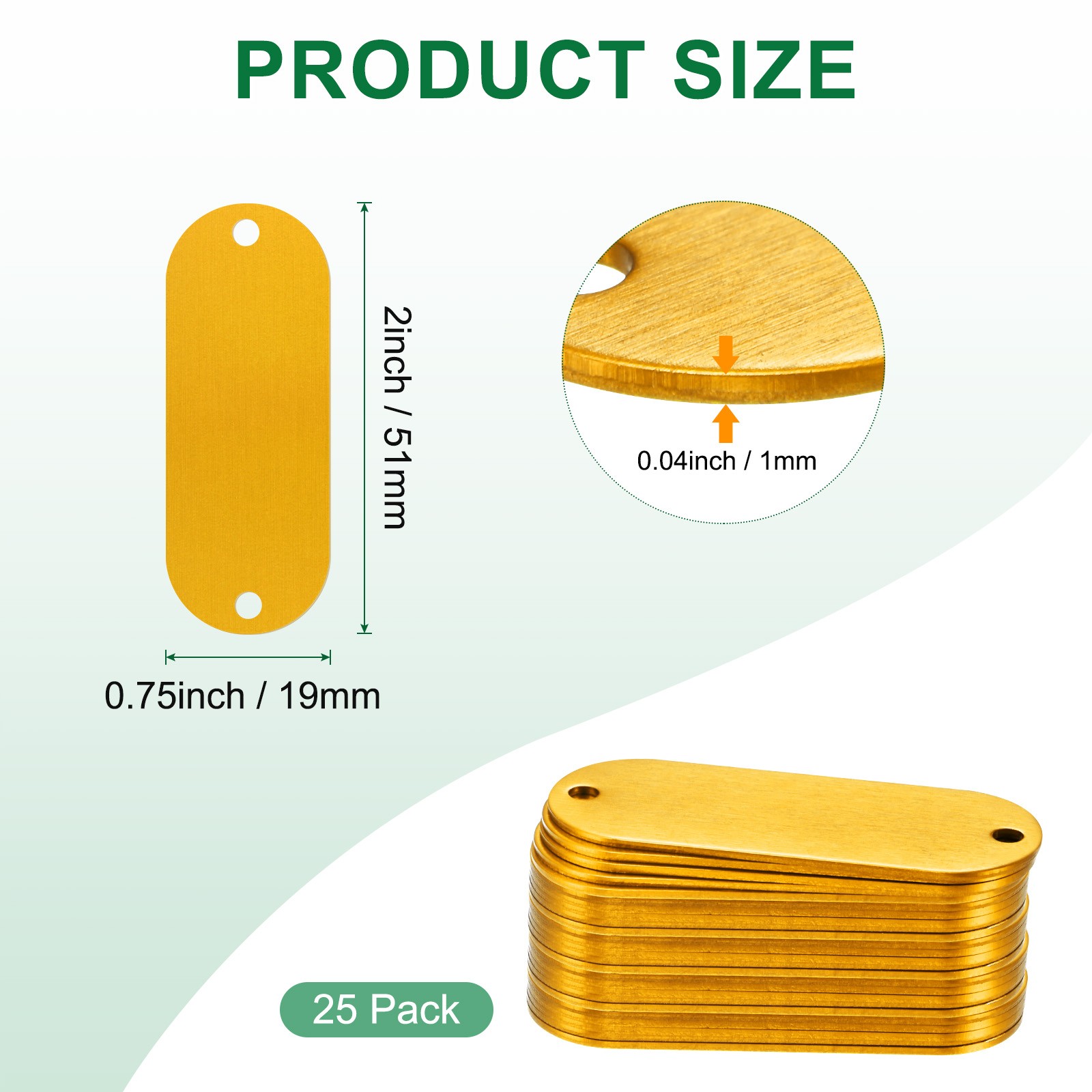 25pcs 2″x0.75″x0.04″ (LxWxD) Yellow Dog Tag with 2 Holes