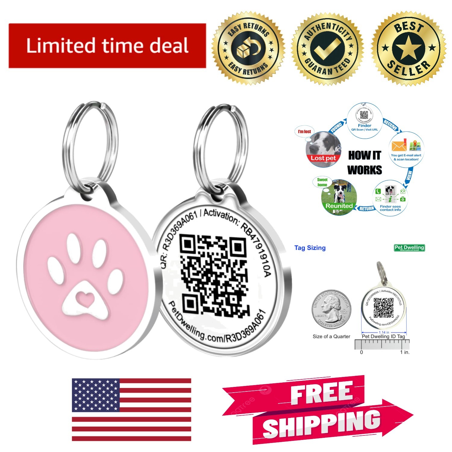 Durable Pink Paw QR Pet Tag – Easy Scan ID with Instant Alerts for Cats & Dogs