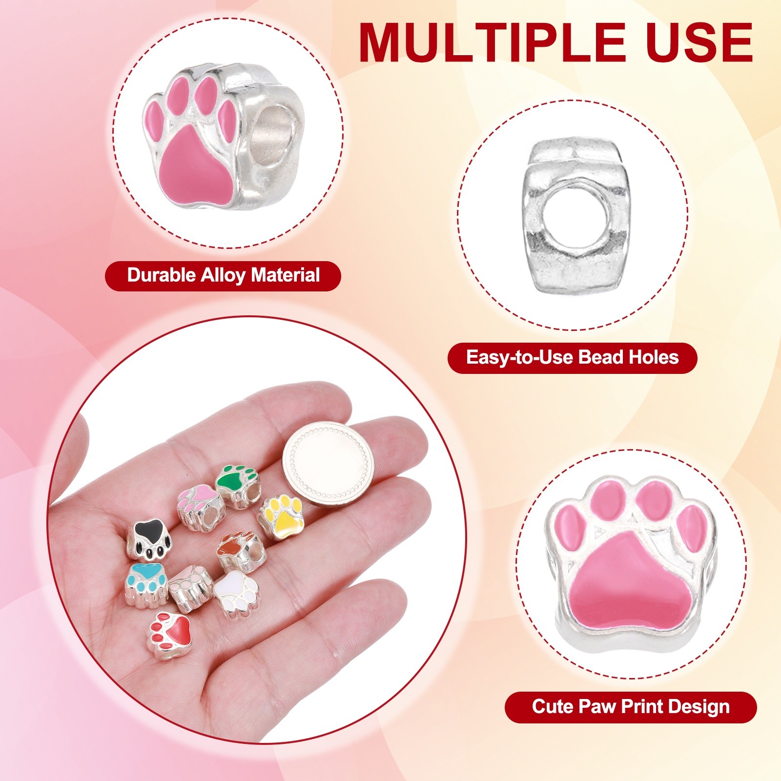 Enamel Paw Print Charms, Alloy Dog Cat Paw Large Hole Beads, 20Pcs(Rose Red)