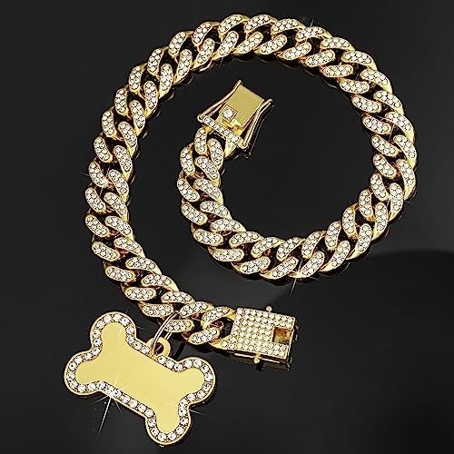 Golden Dog Chain Diamond Collar Necklace with Pet ID Jewelry Tags Rhinestones…