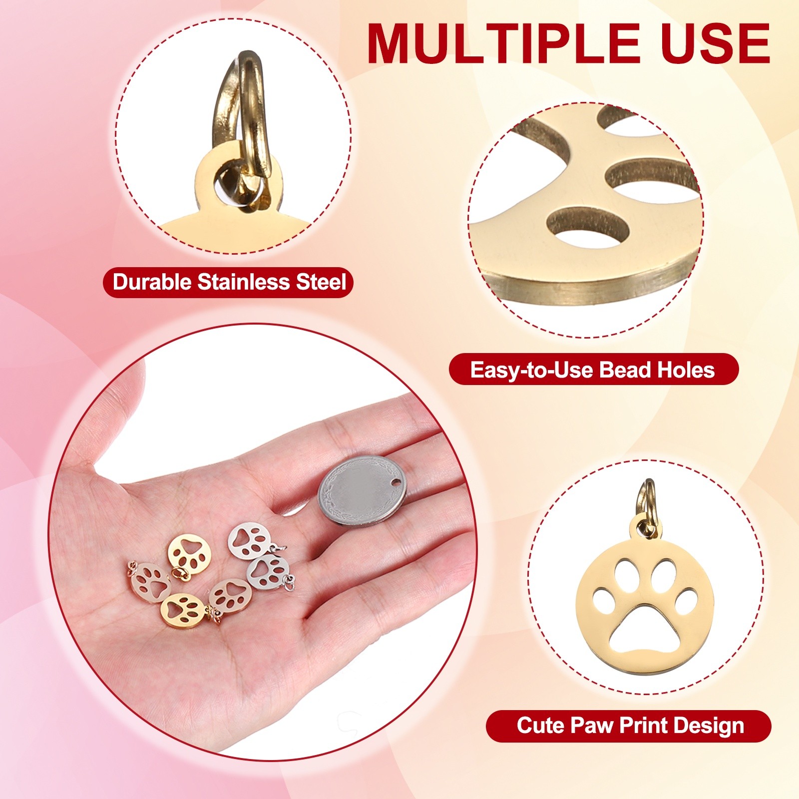 Dog Paw Print Charms 3mm, 20 Pcs Round Cat Dog Paw Pendant, Gold