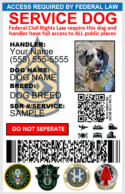 CUSTOMIZABLE CUSTOM SERVICE DOG ID CARD MILITARY VETERANS PHYSICAL&DIGITAL CARD