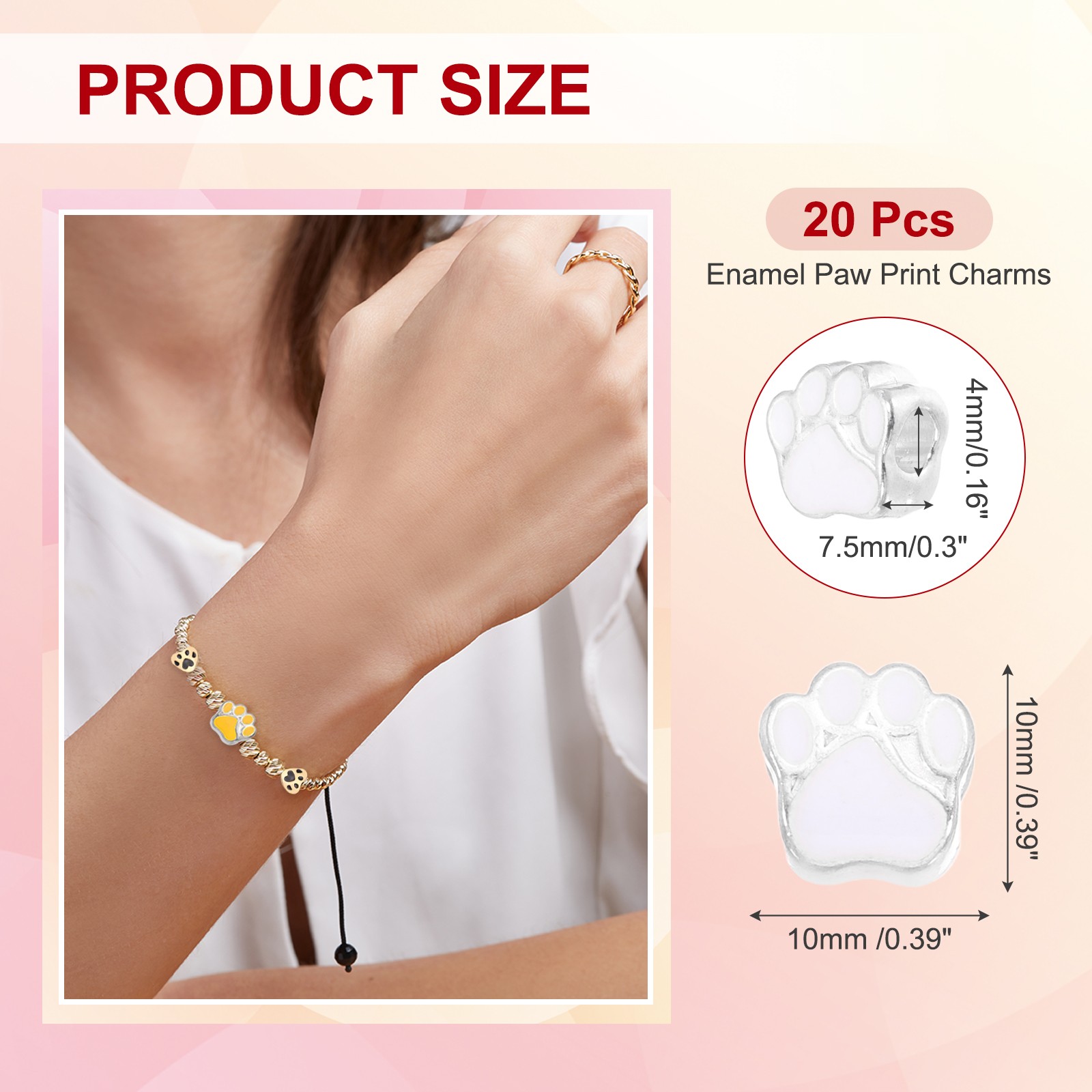 Enamel Paw Print Charms, Alloy Dog Cat Paw Large Hole Beads, 20Pcs(White)