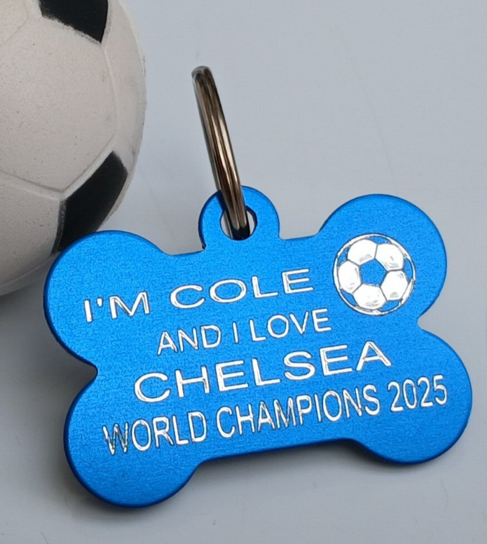 CHELSEA WORLD CHAMPIONS BLUE DOG TAG PERSONALISED FRONT AND BACK