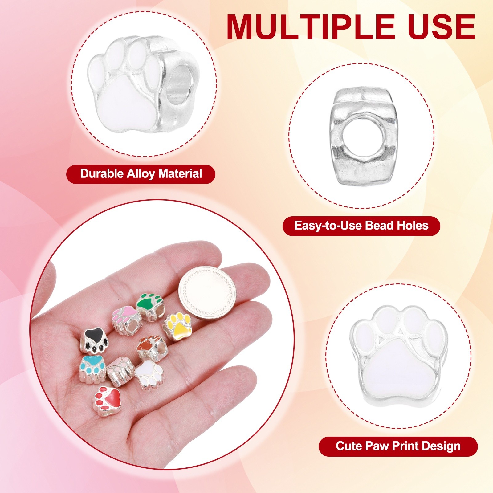 Enamel Paw Print Charms, Alloy Dog Cat Paw Large Hole Beads, 20Pcs(White)