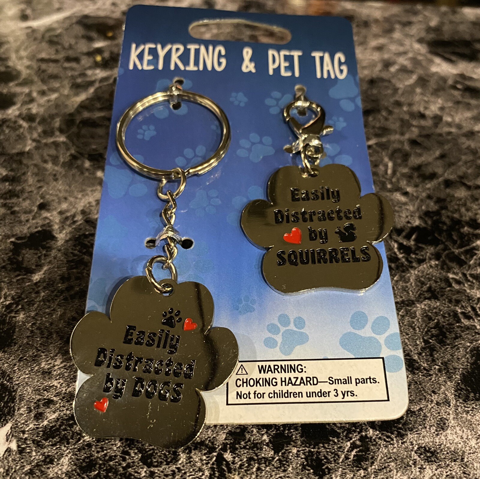 Engraved Key Ring And Pet Tag Combo For Owner And Dog “Easily Distracted” NEW