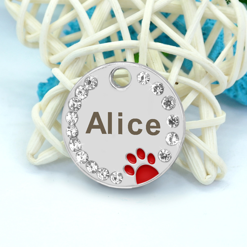 Personalized Dog Tags Paw Rhinestone Pet Cat ID Name Tag Engraved Free Hair Bows