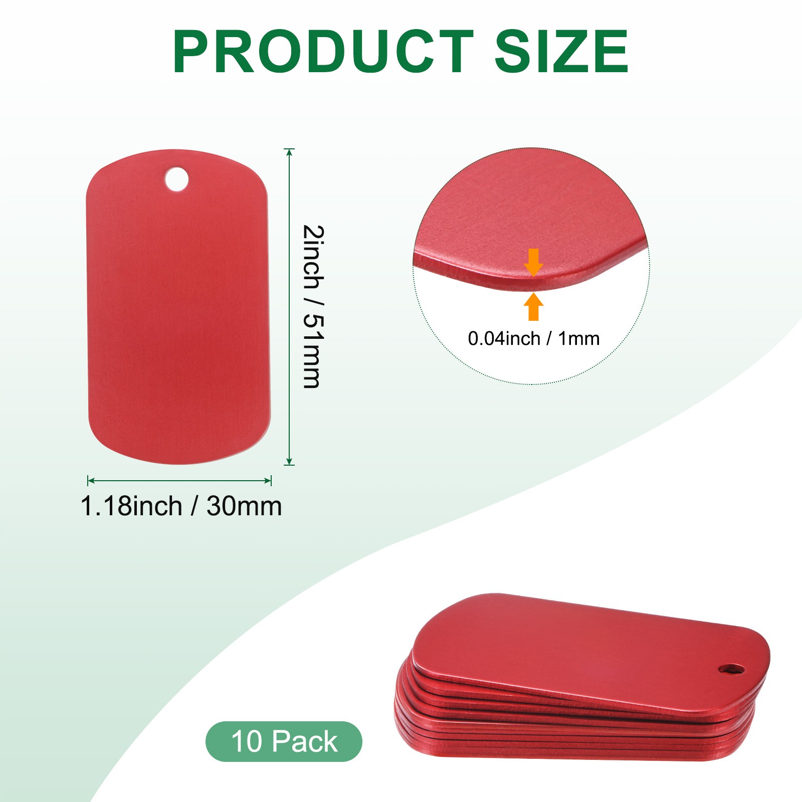 10-Pack 2″ x 1.18″ x 0.04″( L x W x T ) Blank Dog Tags [Red, 1 Hole]