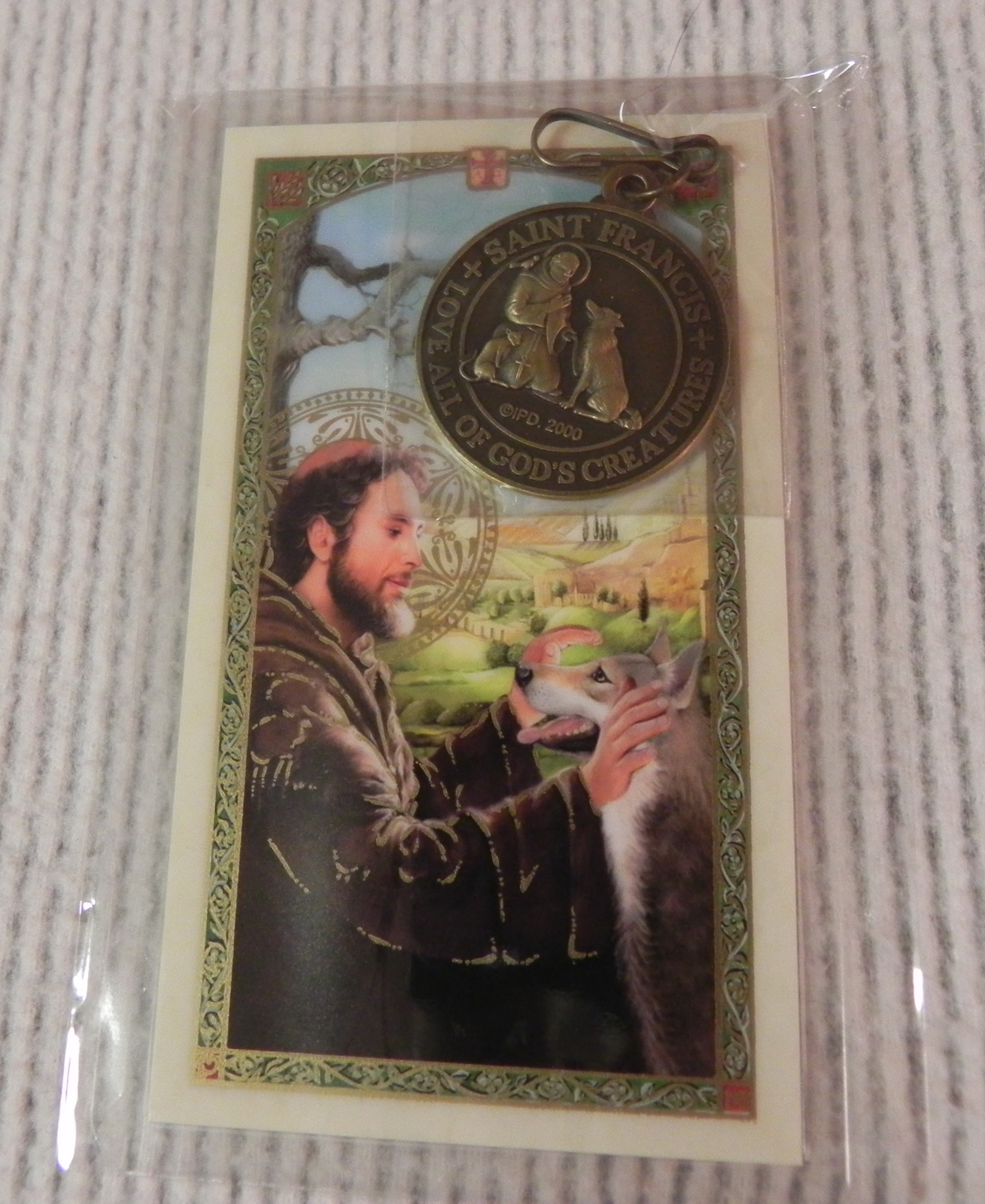 St Francis Dog Tag & Lam Holy Card Gift Medal w Prayer Collar Pets Animals Wolf